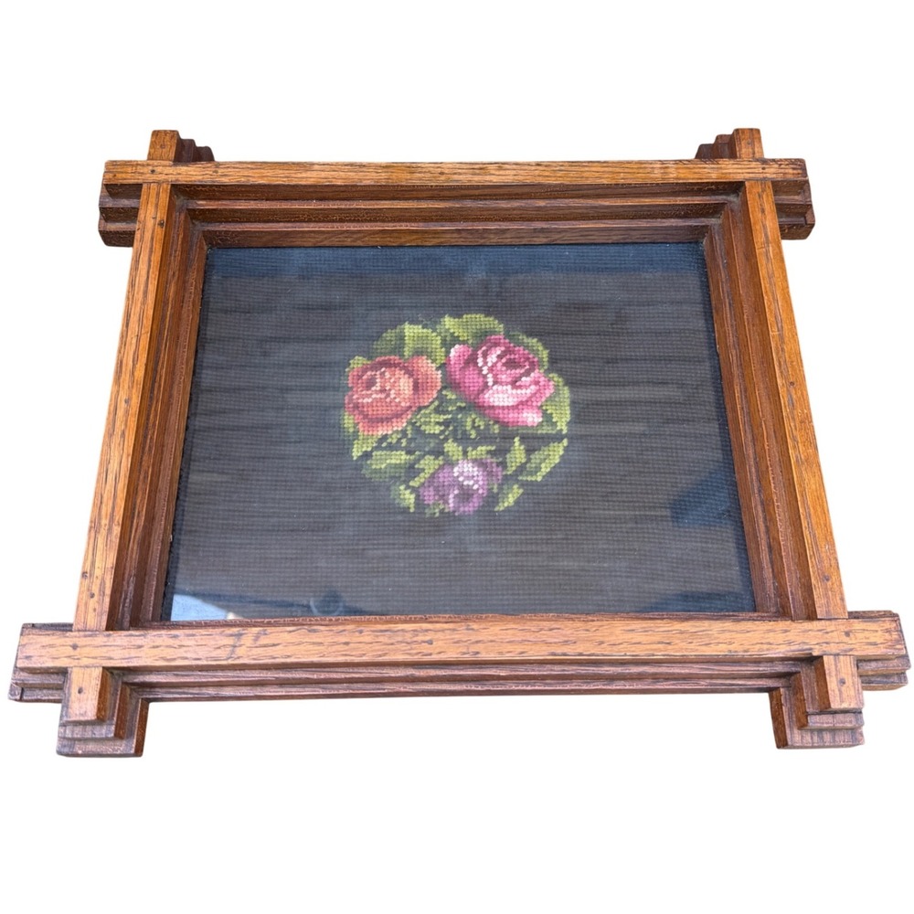 Antique Tramp Art Mission Oak Frame Vintage Floral Needlepoint Roses Folk Art